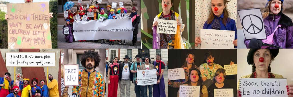 Ett kollage av bilder på clowner som håller upp skylt med texten "snart finns inga barn kvar att spela för" eller "snart finns inga barn kvar att leka med" på olika språk