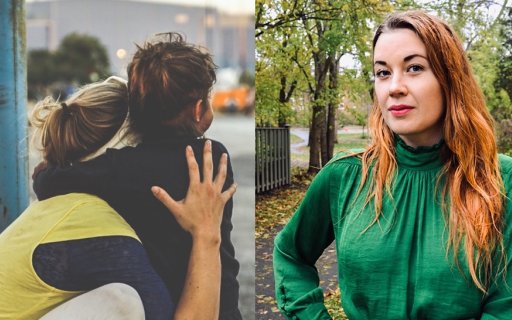 Kvinna håller om ett barn och skribenten Louise Frisk